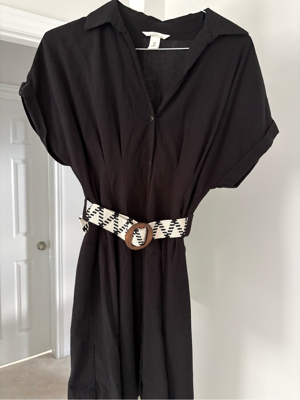 H&M linen Black Shirt Dress with Patterned Belt
